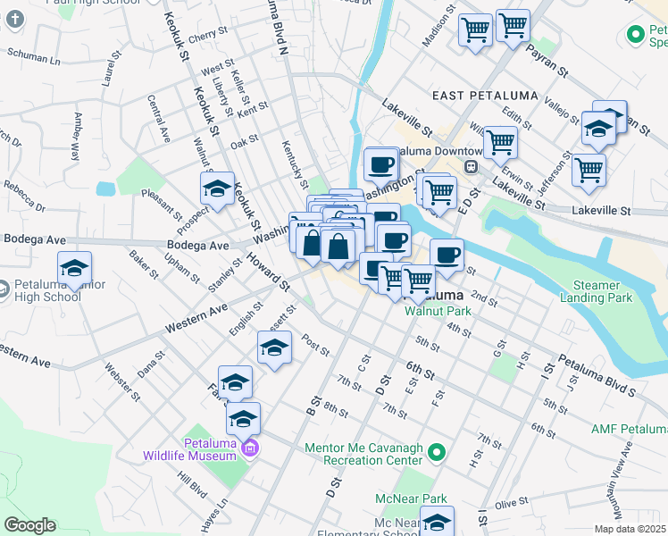 map of restaurants, bars, coffee shops, grocery stores, and more near 101 Western Ave in Petaluma