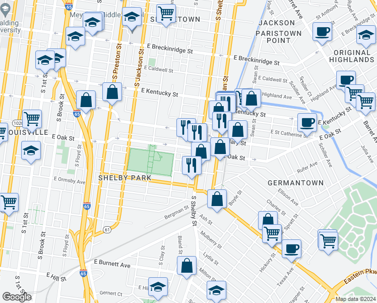 map of restaurants, bars, coffee shops, grocery stores, and more near 720 East Oak Street in Louisville