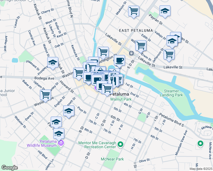 map of restaurants, bars, coffee shops, grocery stores, and more near 5 Petaluma Boulevard South in Petaluma