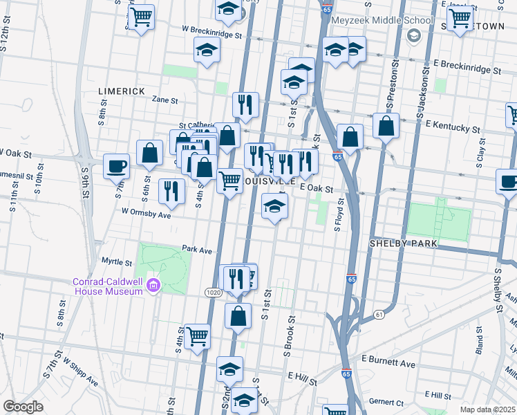 map of restaurants, bars, coffee shops, grocery stores, and more near 1233 South 2nd Street in Louisville