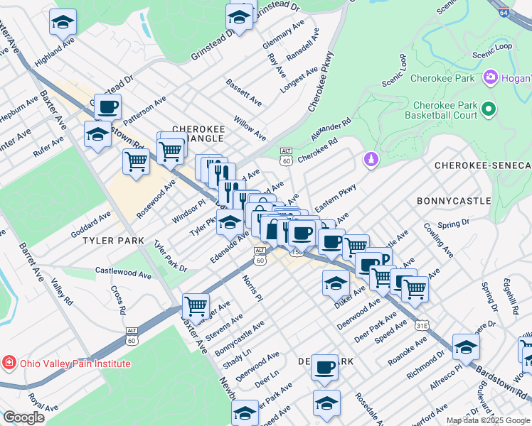 map of restaurants, bars, coffee shops, grocery stores, and more near 2015 Baringer Avenue in Louisville