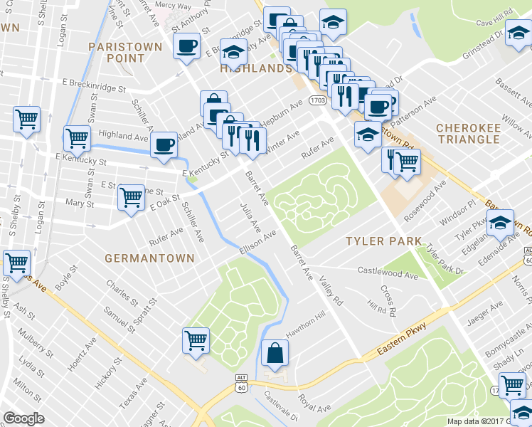 map of restaurants, bars, coffee shops, grocery stores, and more near 1122 Barret Avenue in Louisville