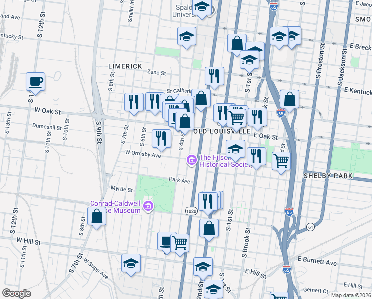 map of restaurants, bars, coffee shops, grocery stores, and more near 1238 South 3rd Street in Louisville