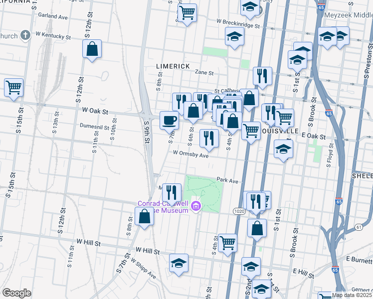 map of restaurants, bars, coffee shops, grocery stores, and more near 1244 South 6th Street in Louisville