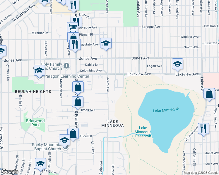 map of restaurants, bars, coffee shops, grocery stores, and more near 2016 Acero Avenue in Pueblo