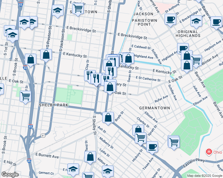 map of restaurants, bars, coffee shops, grocery stores, and more near 1148 Logan Street in Louisville