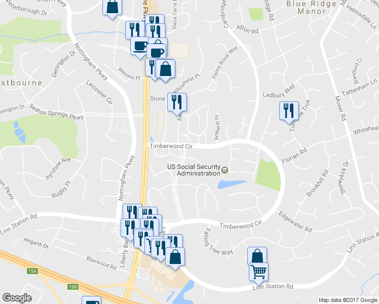 map of restaurants, bars, coffee shops, grocery stores, and more near 10533 Timberwood Circle in Louisville