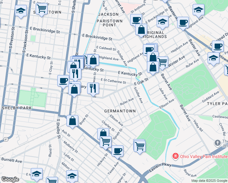 map of restaurants, bars, coffee shops, grocery stores, and more near 1069 East Oak Street in Louisville