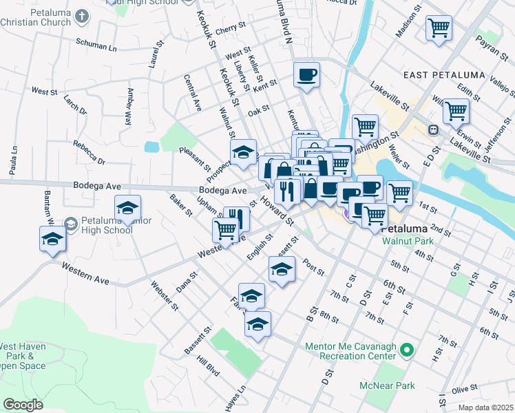 map of restaurants, bars, coffee shops, grocery stores, and more near 19 Stanley Street in Petaluma