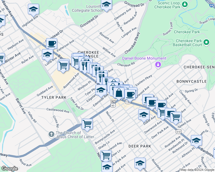 map of restaurants, bars, coffee shops, grocery stores, and more near 1401 Bardstown Road in Louisville