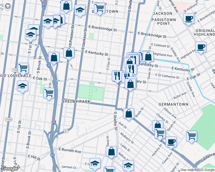 map of restaurants, bars, coffee shops, grocery stores, and more near 708 East Oak Street in Louisville