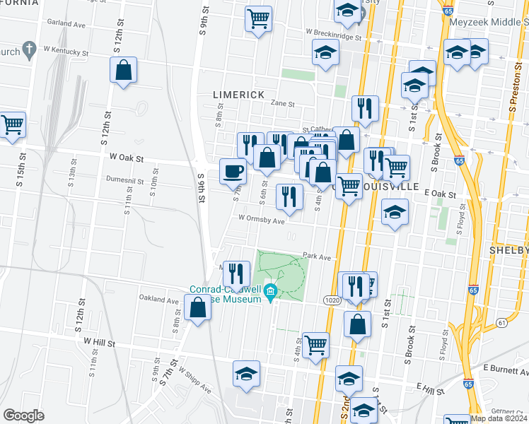 map of restaurants, bars, coffee shops, grocery stores, and more near 1244 South 6th Street in Louisville