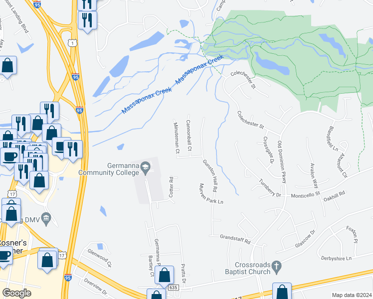 map of restaurants, bars, coffee shops, grocery stores, and more near 9802 Cannonball Court in Fredericksburg