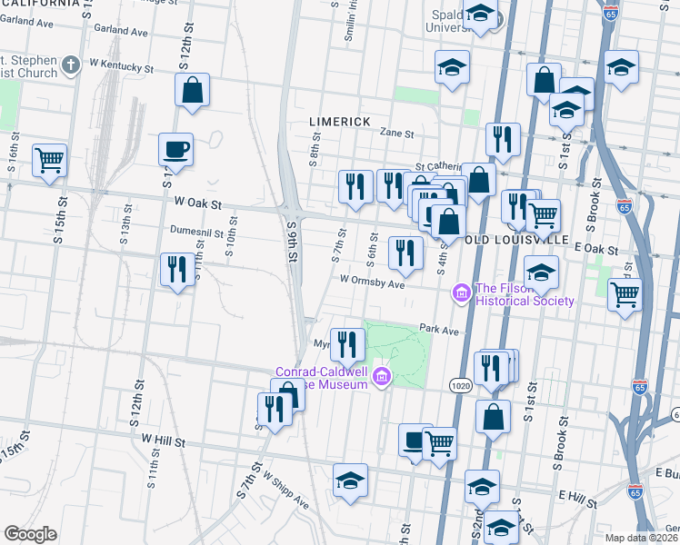 map of restaurants, bars, coffee shops, grocery stores, and more near 633 West Ormsby Avenue in Louisville