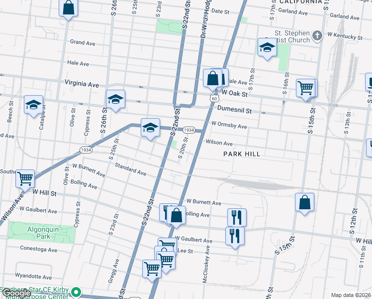 map of restaurants, bars, coffee shops, grocery stores, and more near 1353 South 20th Street in Louisville