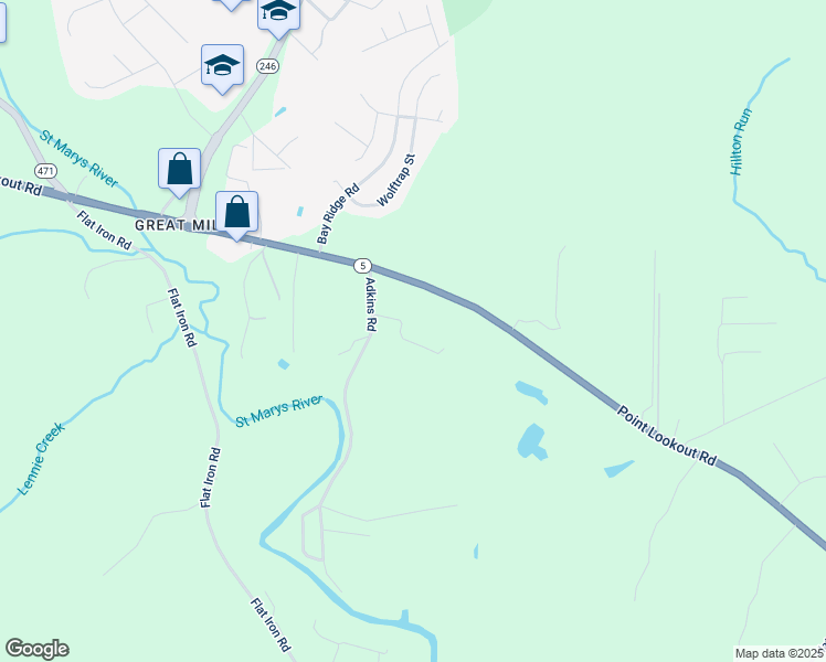 map of restaurants, bars, coffee shops, grocery stores, and more near 20616 Adkins Road in Lexington Park