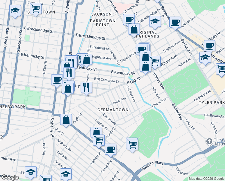 map of restaurants, bars, coffee shops, grocery stores, and more near 1069 East Oak Street in Louisville