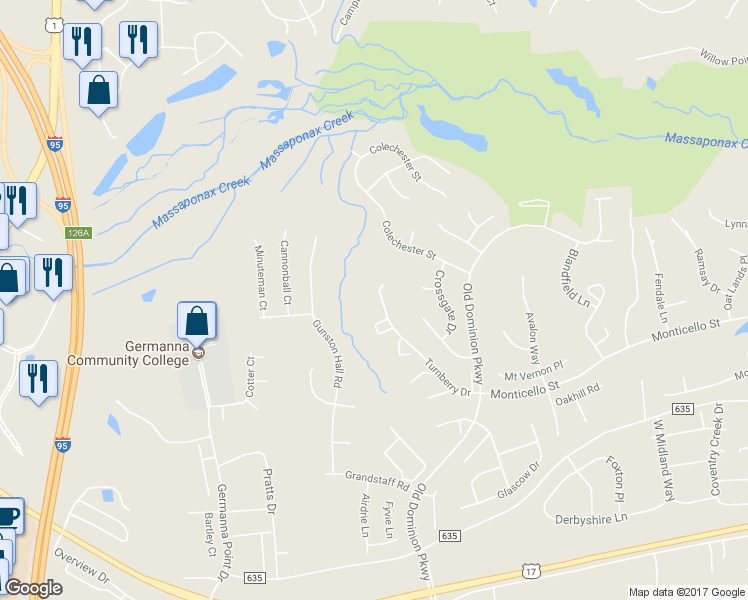 map of restaurants, bars, coffee shops, grocery stores, and more near 4710 Turnberry Drive in Fredericksburg