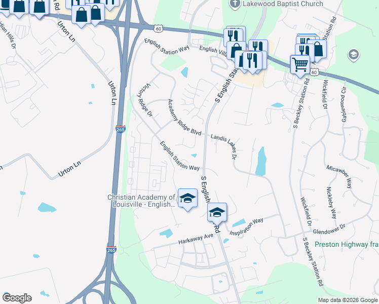 map of restaurants, bars, coffee shops, grocery stores, and more near 512 Academy Ridge Place in Louisville