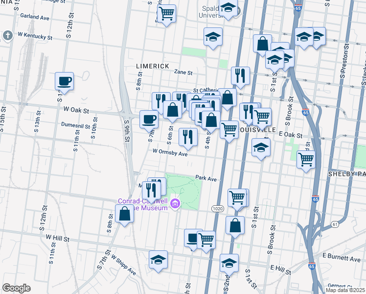map of restaurants, bars, coffee shops, grocery stores, and more near 505 West Ormsby Avenue in Louisville