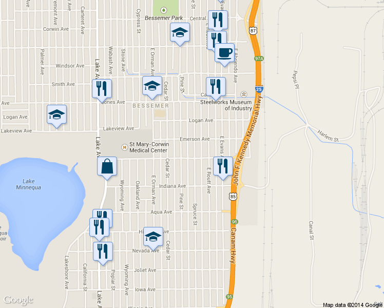 map of restaurants, bars, coffee shops, grocery stores, and more near 603 Minnequa Avenue in Pueblo