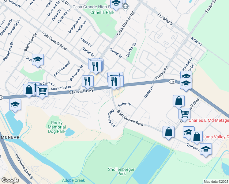 map of restaurants, bars, coffee shops, grocery stores, and more near 3100 Lakeville Highway in Petaluma