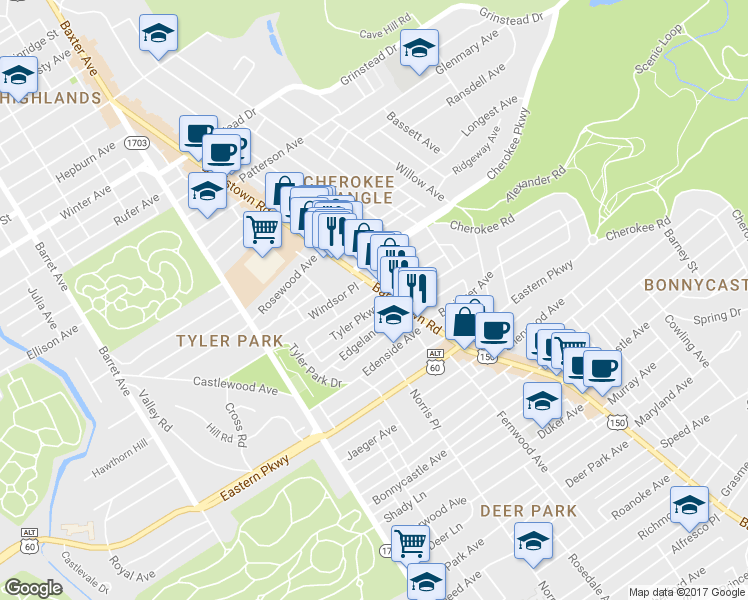 map of restaurants, bars, coffee shops, grocery stores, and more near 1831 Tyler Pkwy in Louisville