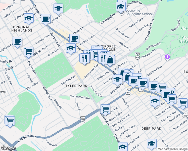 map of restaurants, bars, coffee shops, grocery stores, and more near 1317 Mossrose Avenue in Louisville