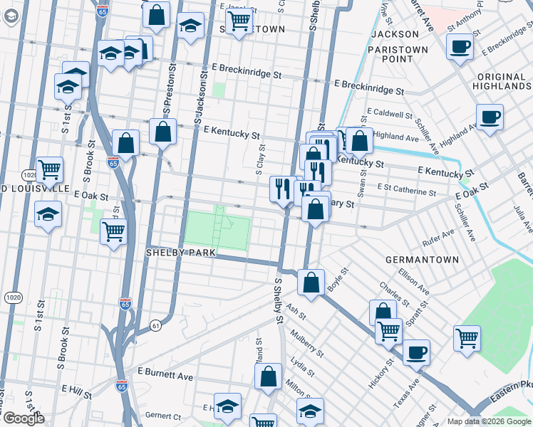 map of restaurants, bars, coffee shops, grocery stores, and more near 708 East Oak Street in Louisville