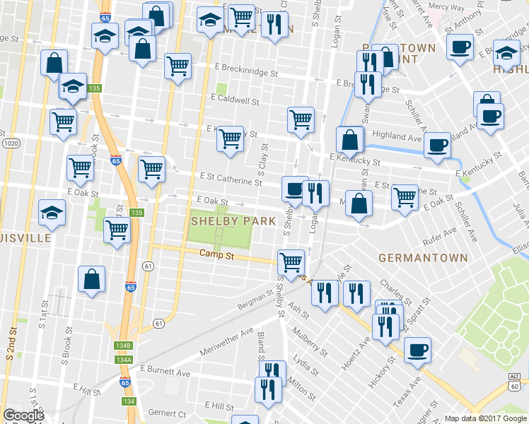 map of restaurants, bars, coffee shops, grocery stores, and more near 708 East Oak Street in Louisville