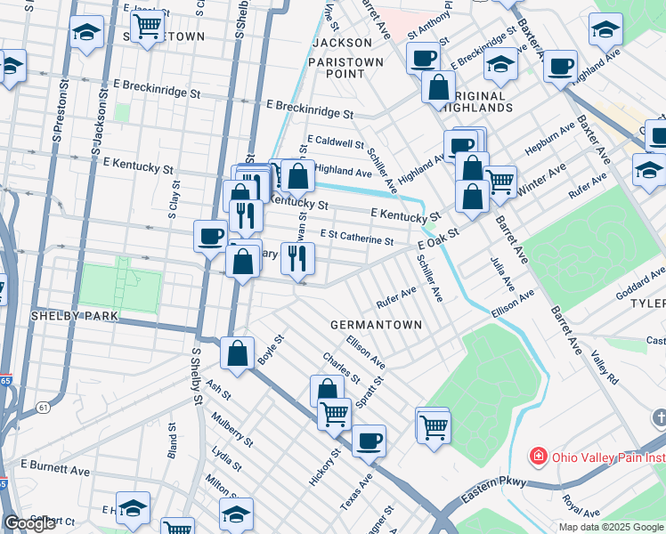 map of restaurants, bars, coffee shops, grocery stores, and more near 1032 Mary Street in Louisville