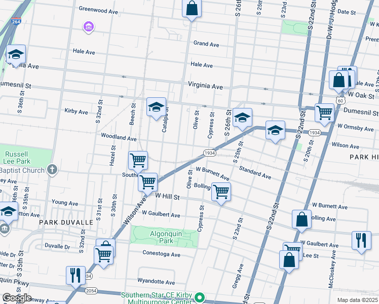 map of restaurants, bars, coffee shops, grocery stores, and more near 1408 Olive Street in Louisville
