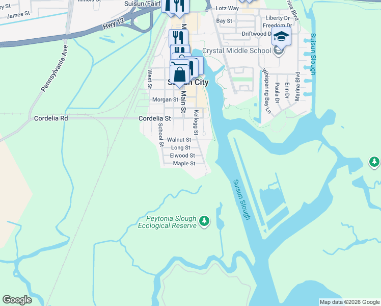 map of restaurants, bars, coffee shops, grocery stores, and more near 232 Elwood Street in Suisun City