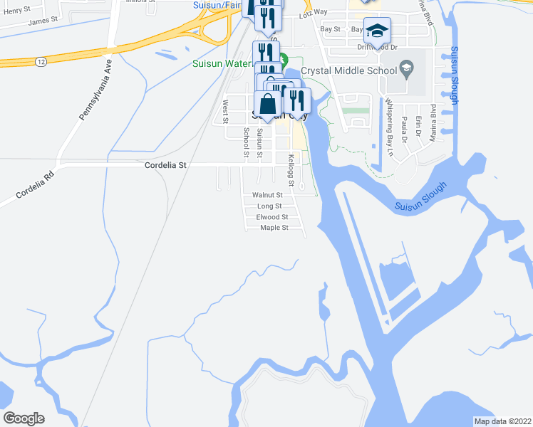 map of restaurants, bars, coffee shops, grocery stores, and more near 216 Elwood Street in Suisun City