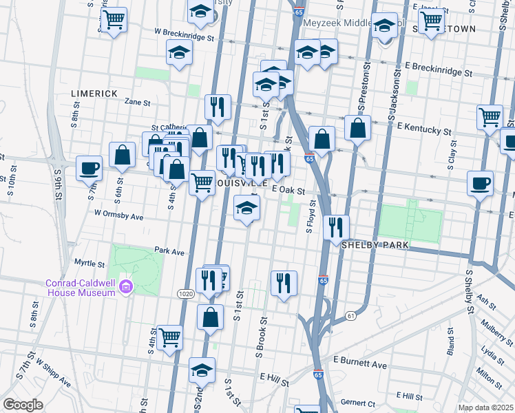 map of restaurants, bars, coffee shops, grocery stores, and more near 1225 South 1st Street in Louisville