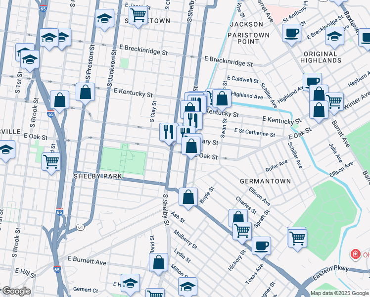 map of restaurants, bars, coffee shops, grocery stores, and more near 1148 Logan Street in Louisville