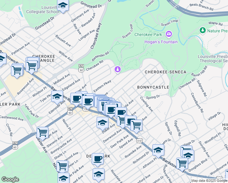 map of restaurants, bars, coffee shops, grocery stores, and more near 2124 Sherwood Ave in Louisville