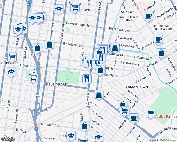 map of restaurants, bars, coffee shops, grocery stores, and more near East Oak Street in Louisville