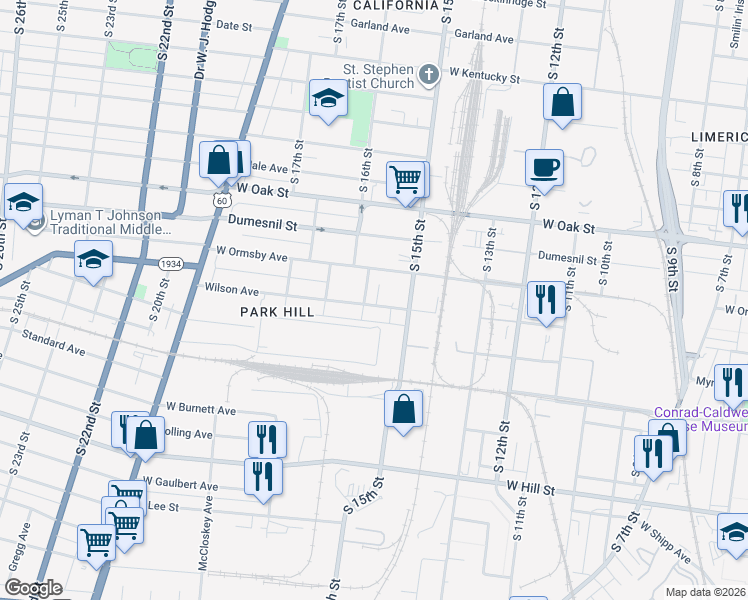 map of restaurants, bars, coffee shops, grocery stores, and more near 1533 Wilson Avenue in Louisville