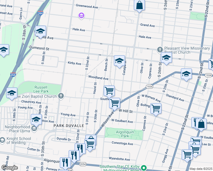 map of restaurants, bars, coffee shops, grocery stores, and more near 1419 Beech Street in Louisville