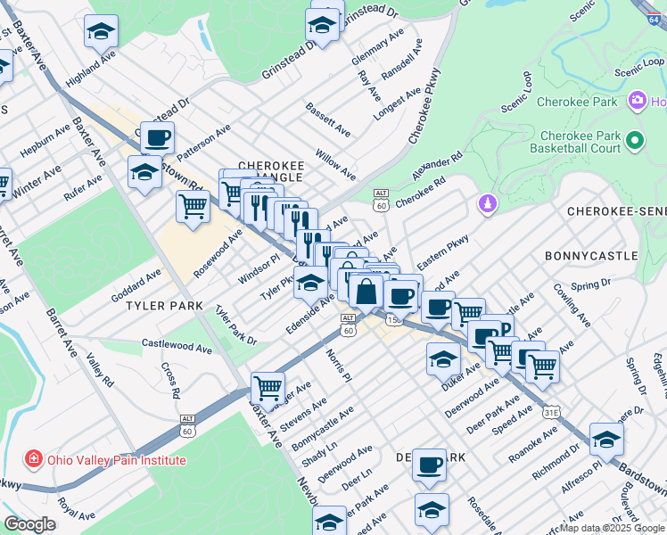 map of restaurants, bars, coffee shops, grocery stores, and more near 1401 Bardstown Road in Louisville