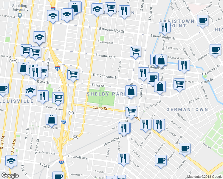 map of restaurants, bars, coffee shops, grocery stores, and more near 622 East Oak Street in Louisville
