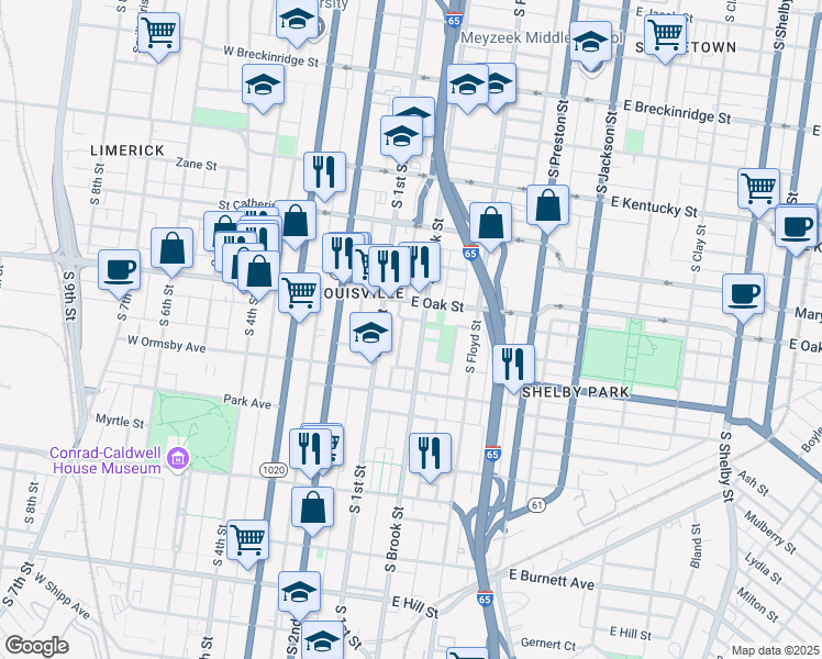 map of restaurants, bars, coffee shops, grocery stores, and more near 1225 South 1st Street in Louisville
