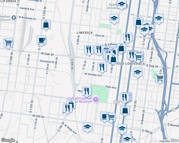 map of restaurants, bars, coffee shops, grocery stores, and more near in Louisville