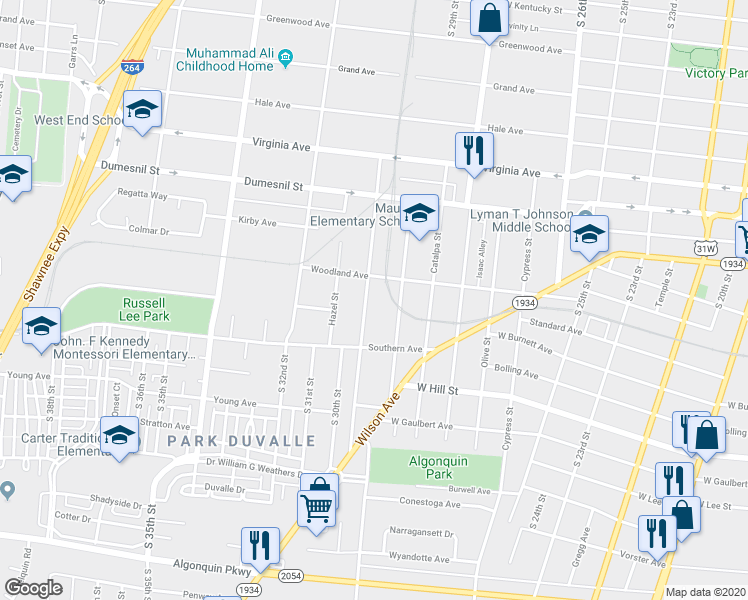map of restaurants, bars, coffee shops, grocery stores, and more near 1419 Beech Street in Louisville
