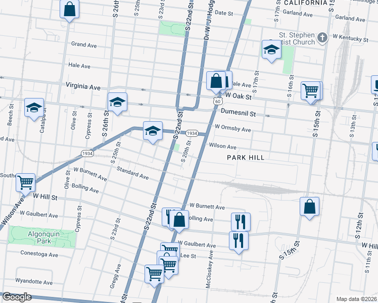 map of restaurants, bars, coffee shops, grocery stores, and more near 1353 South 20th Street in Louisville