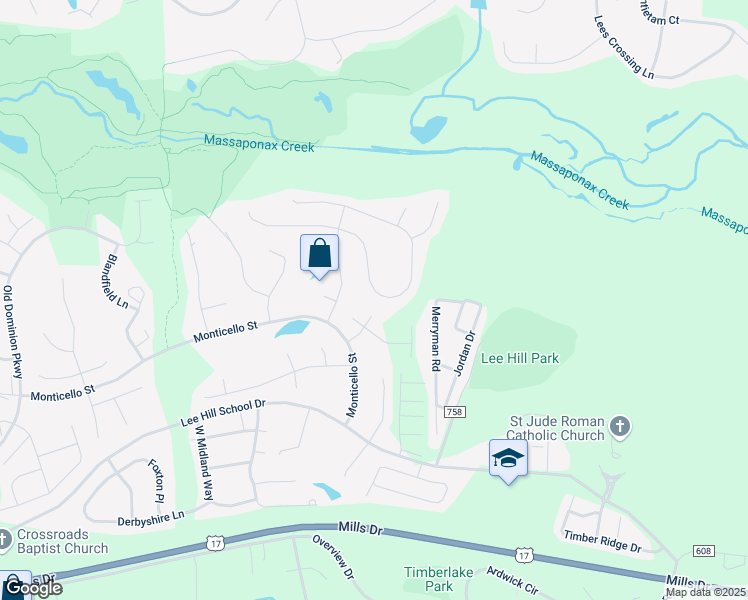 map of restaurants, bars, coffee shops, grocery stores, and more near 3609 Carlyle Court in Fredericksburg
