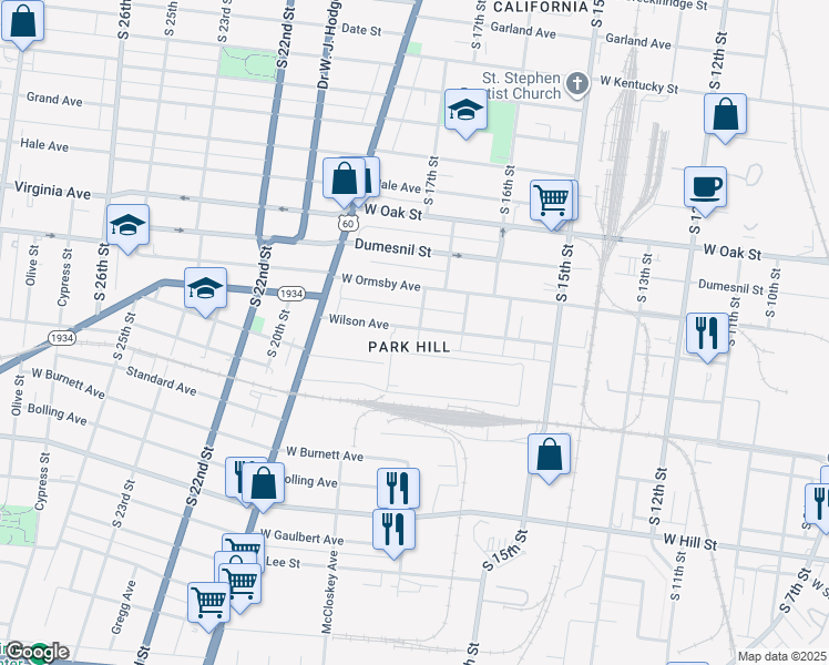 map of restaurants, bars, coffee shops, grocery stores, and more near in Louisville