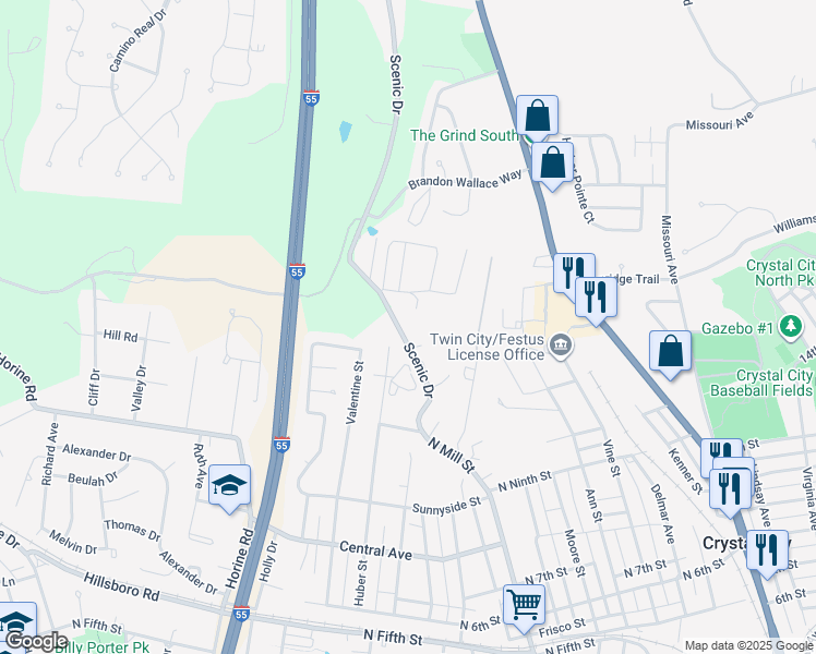 map of restaurants, bars, coffee shops, grocery stores, and more near 1822 Scenic Drive in Festus