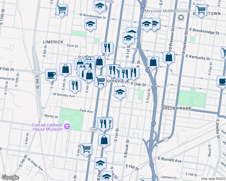 map of restaurants, bars, coffee shops, grocery stores, and more near 1227 South 2nd Street in Louisville